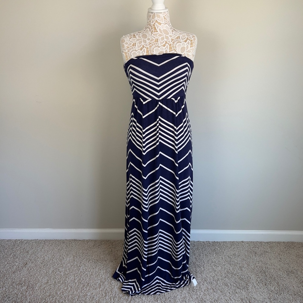 Design History Navy White Chevron Strapless Maxi Dress Medium Smocked Back Boho